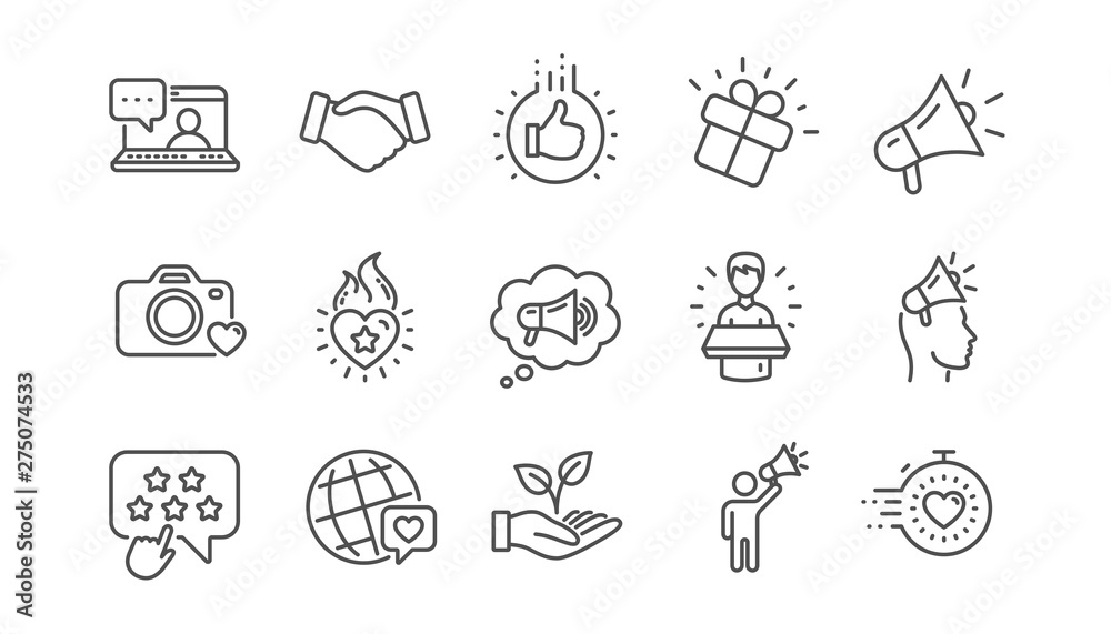 Fototapeta premium Brand ambassador line icons. Influence people, Megaphone and Representative. Handshake, influencer marketing person, ambassador person icons. Linear set. Vector