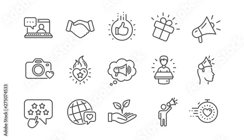 Brand ambassador line icons. Influence people, Megaphone and Representative. Handshake, influencer marketing person, ambassador person icons. Linear set. Vector