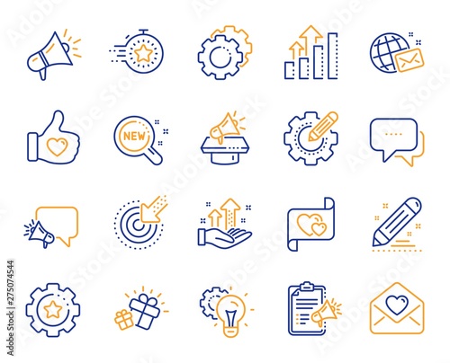 Brand social project line icons. Business strategy, Megaphone and Representative. Influence campaign, social media marketing, brand ambassador icons. Innovation, gift, like sign. Vector