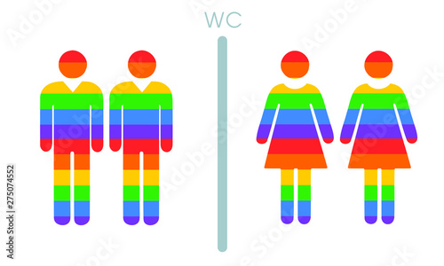 Sign WC toilet on white background for couple male and female, nameplate pointer lgbt color