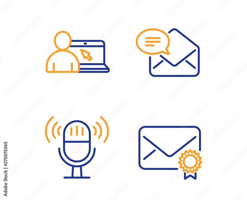 Microphone, Online education and New mail icons simple set. Verified mail sign. Mic, Internet lectures, Received e-mail. Confirmed e-mail. Education set. Linear microphone icon. Colorful design set