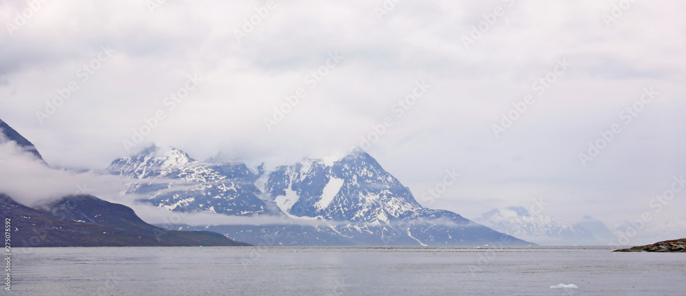 Landscape Greenland, beautiful Nuuk fjord, ocean with mountains backgroun