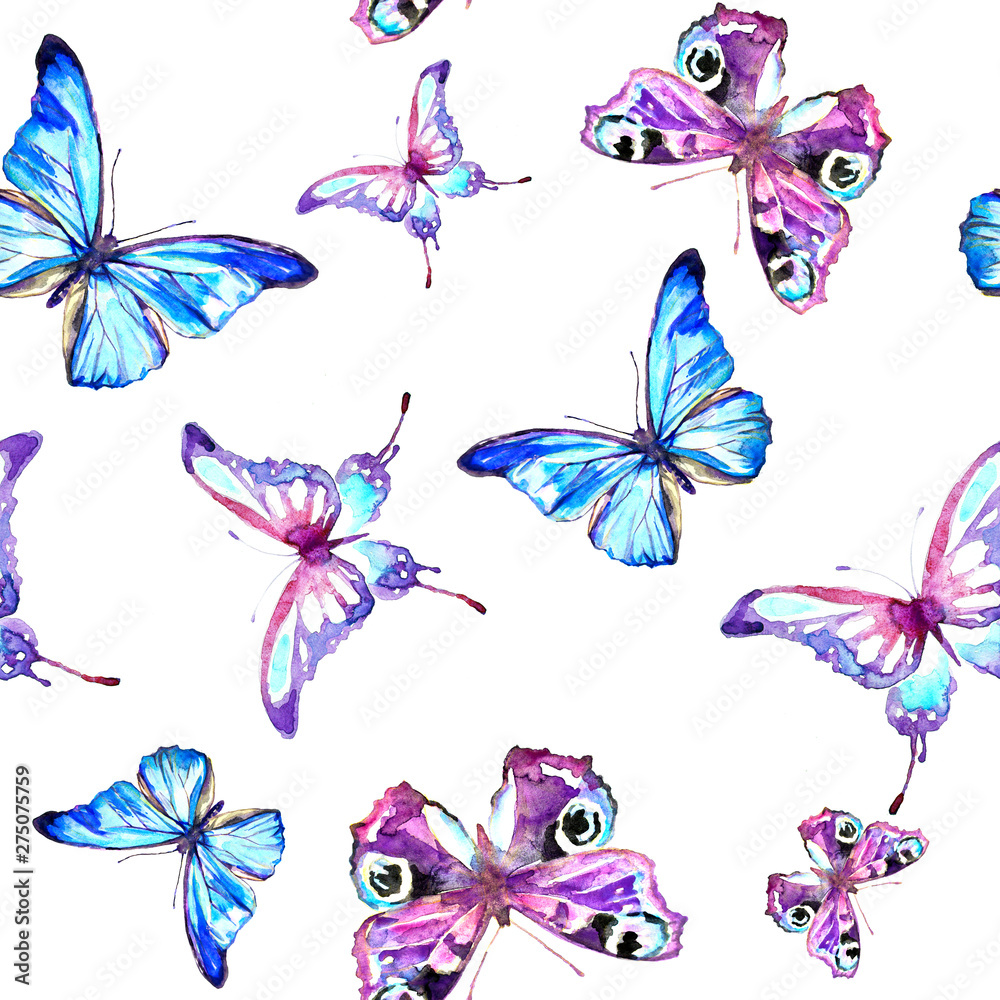 pattern, beautiful pink blue butterflies,watercolor,isolated on a white background pattern, beautiful pink blue butterflies,watercolor,isolated on a white background