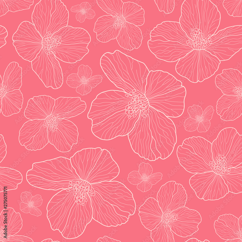 Jasmine flowers seamless pattern on coral pink background