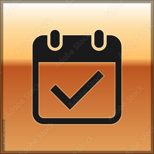 Black Calendar with check mark icon isolated on gold background. Vector Illustration
