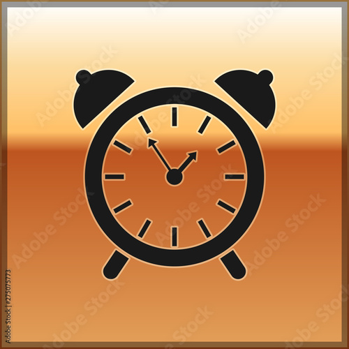 Black Alarm clock icon isolated on gold background. Wake up, get up concept. Time sign. Vector Illustration