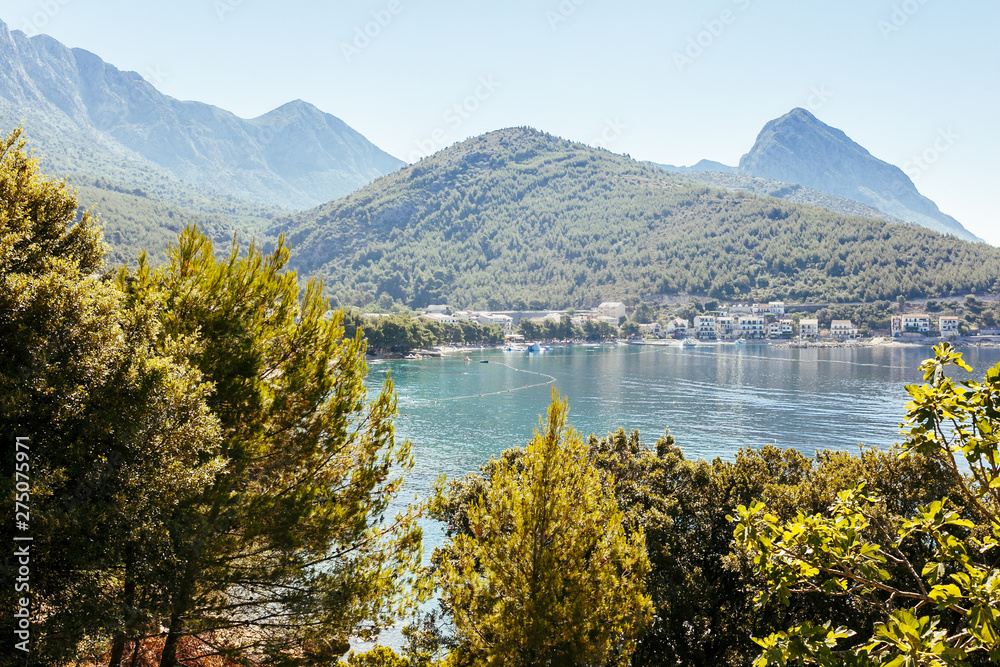 Scenics view of trees with green mountains and houses with lake