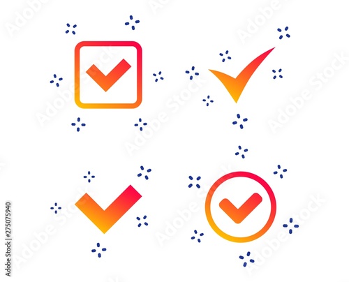 Check icons. Checkbox confirm circle sign symbols. Random dynamic shapes. Gradient tick icon. Vector