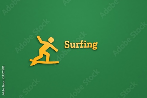 Illustration of Surfing with yellow text on green background