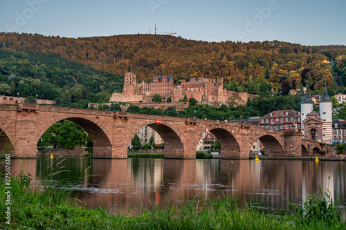 Heidelberg castle ruins, karl theodor bridge (old bridge) and neckar river, germany