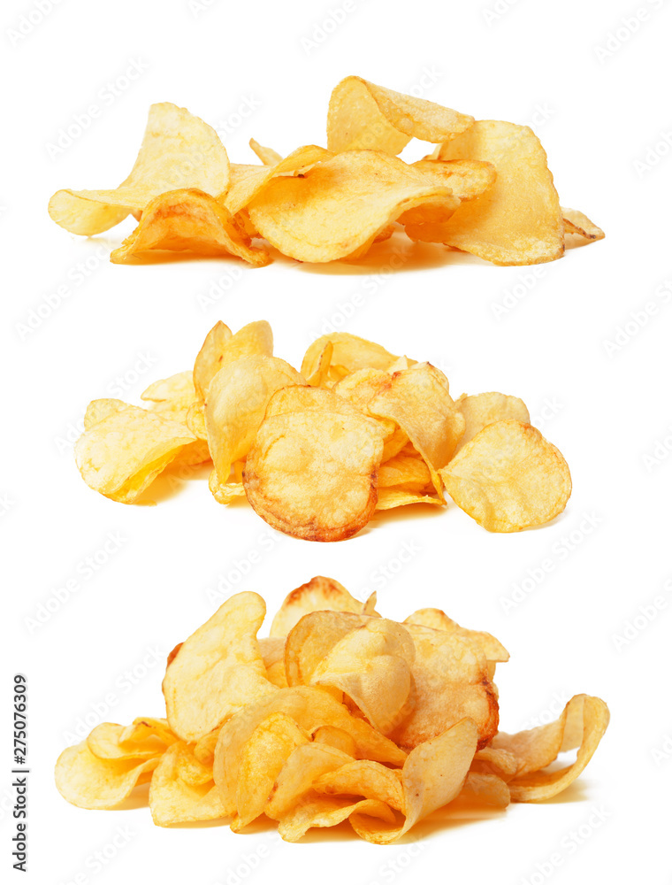 Set of potato chips close-up on an isolated white background Set of potato chips close-up on an isolated white background
