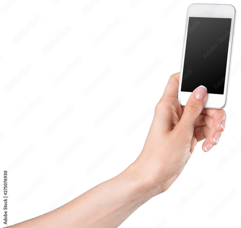 close up hand hold phone isolated on white, mock-up smartphone white color blank screen