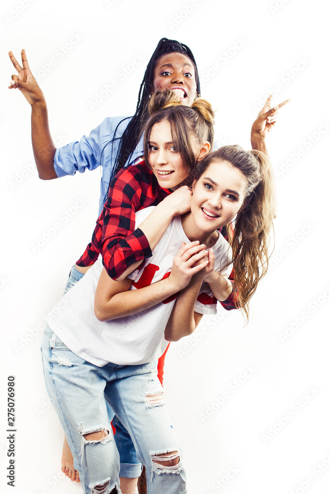 diverse multi nation girls group, teenage friends company cheerful having fun, happy smiling, cute posing isolated on white background, lifestyle people concept, african-american and caucasian diverse multi nation girls group, teenage friends company cheerful having fun, happy smiling, cute posing isolated on white background, lifestyle people concept, african-american and caucasian