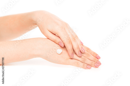 Beautiful Woman Hands. Female Hands Applying Cream  Lotion. Spa and Manicure concept