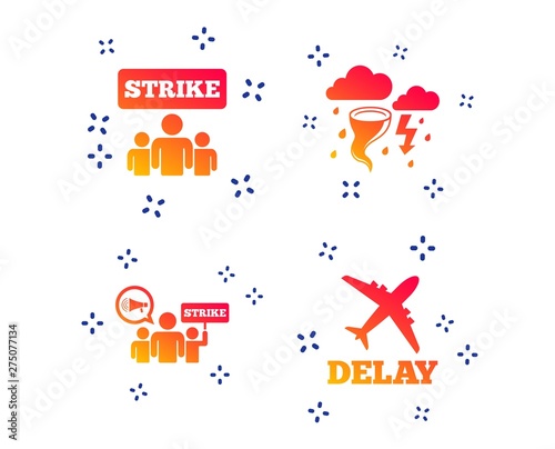 Strike icon. Storm bad weather and group of people signs. Delayed flight symbol. Random dynamic shapes. Gradient storm icon. Vector