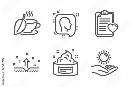 Patient history, Head and Clean skin icons simple set. Mint tea, Skin cream and Sun protection signs. Medical survey, Profile messages. Healthcare set. Line patient history icon. Editable stroke