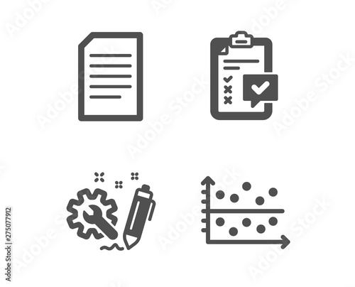 Set of Engineering, Checklist and Document icons. Dot plot sign. Construction, Survey, Information file. Presentation graph.  Classic design engineering icon. Flat design. Vector