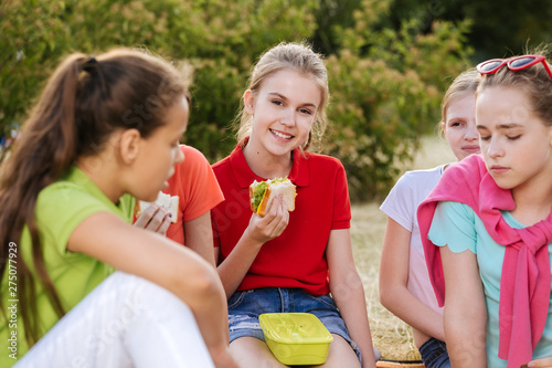 Friends sitting on the grass eating healthy food at a lunch
