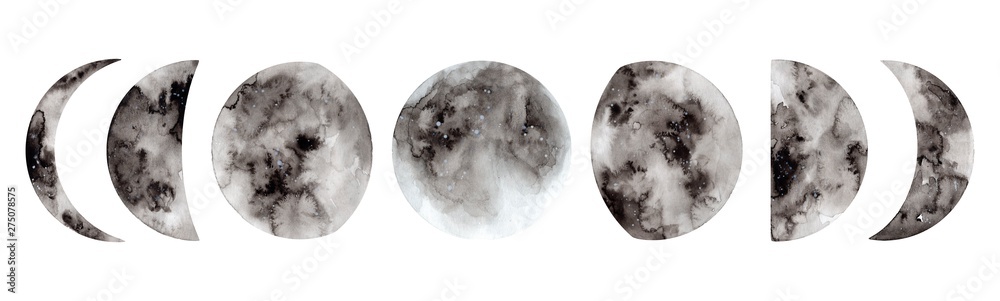 Hand painted watercolor moon phases. Full moon. Magic design for printing on textiles, packaging, cards - obrazy, fototapety, plakaty 