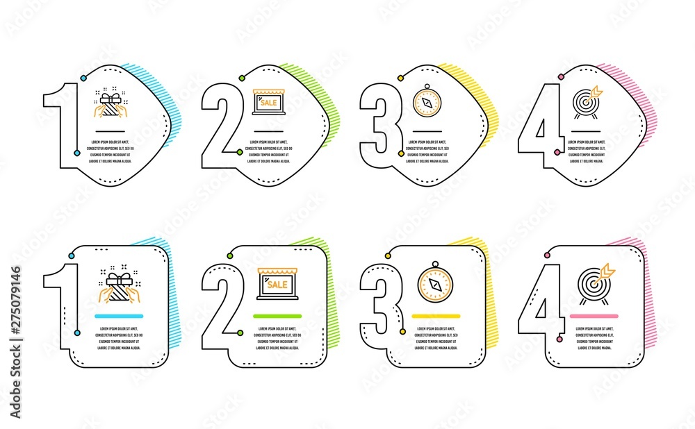 Gift, Travel compass and Sale icons simple set. Archery sign. Present, Trip destination, Shopping store. Attraction park. Holidays set. Infographic timeline. Line gift icon. 4 options or steps. Vector Gift, Travel compass and Sale icons simple set. Archery sign. Present, Trip destination, Shopping store. Attraction park. Holidays set. Infographic timeline. Line gift icon. 4 options or steps. Vector