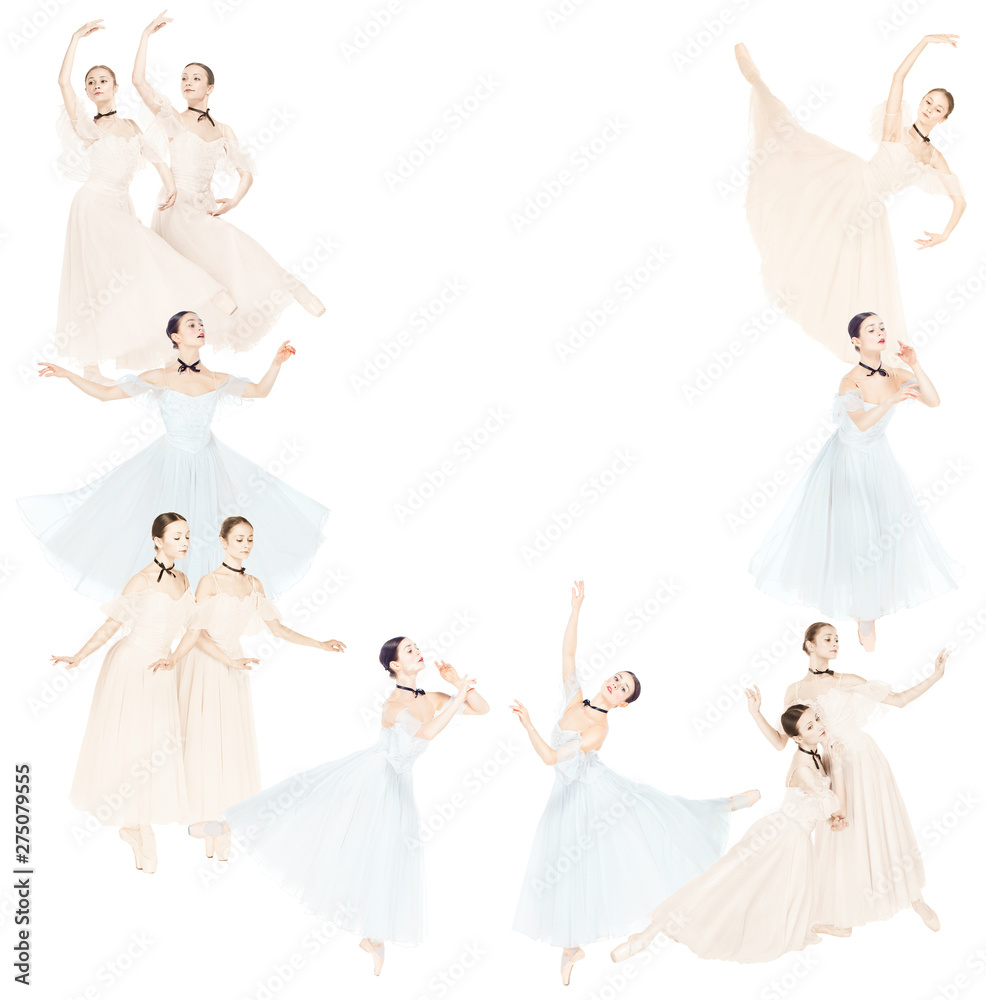 Young graceful ballet dancers or classic ballerinas on white background. Woman's beautiful dance in two colors. The grace, artist, contemporary, movement concept. Abstract design. Creative collage.