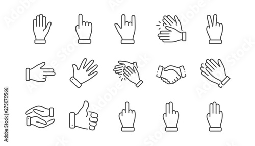 Hand gestures line icons. Handshake, Clapping hands, Victory. Horns, Thumb up finger, drag and drop icons. Donation hand gestures, middle finger, helping hand. Linear set. Vector