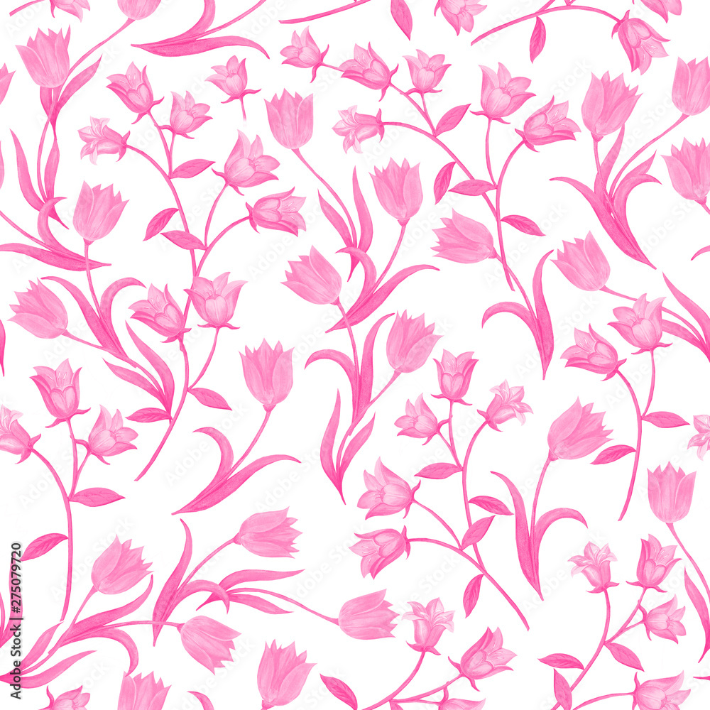 Fototapeta premium Seamless floral pattern. Pink color flower silhouettes randomly located on white background.