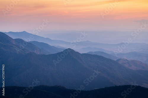 Aerial view on hazy mountains in Thailand