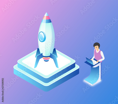 Rocket launching process vector, businessman developer controlling and computing isometric 3d. Man and pedestal with spaceship shuttle made of metal