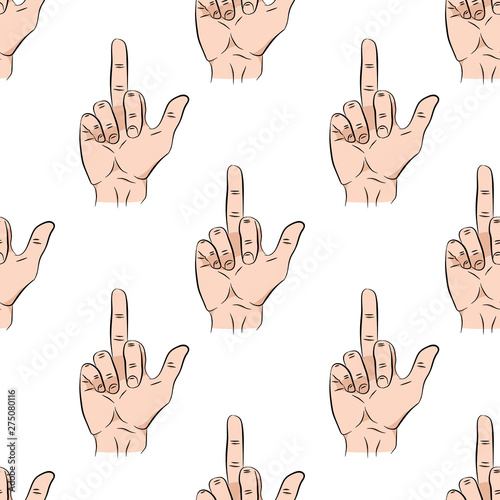 Fuck You seamless pattern. Gesture middle finger print texture. Vector color illustration Doodle. Pink on white background. Eps10. For different design.