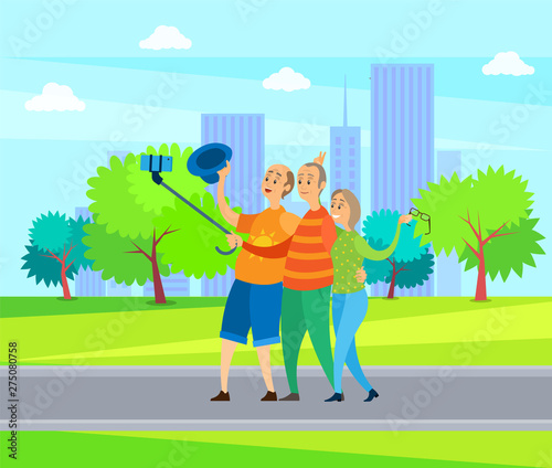 Old man and woman embracing and making selfie, senior holding stick with phone, smiling pensioners standing in urban park, elderly man and woman vector