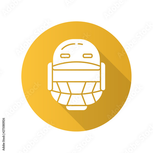 Cricket helmet flat design long shadow glyph icon. Head protection for batsman and fielders. Cricketer uniform. Protective sportsman gear. Sport equipment. Vector silhouette illustration