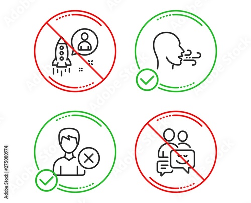 Do or Stop. Remove account, Startup and Breathing exercise icons simple set. Communication sign. Delete user, Developer, Breath. Business messages. People set. Line remove account do icon. Vector