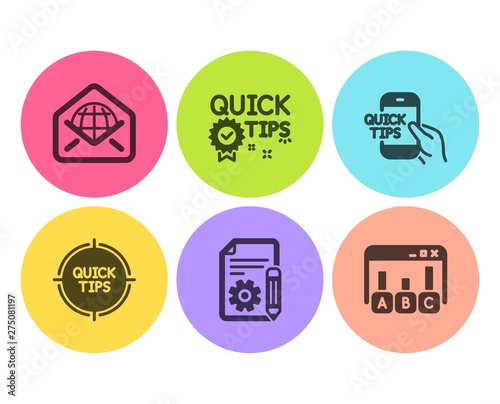 Web mail, Tips and Documentation icons simple set. Quick tips, Education and Survey results signs. World communication, Quick tricks. Education set. Flat web mail icon. Circle button. Vector