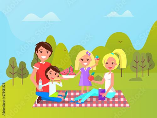 Mother and father, daughter and sin vector, people sitting on blanket with food. Couple with children smiling of having goof time. Family having lunch