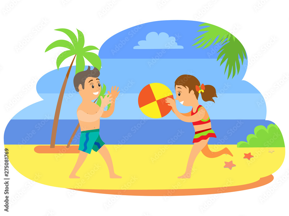 Kids in trunks and swimsuit, summertime and holidays on seaside isolated characters. Beach game, boy and girl throwing ball, children in swimwear vector