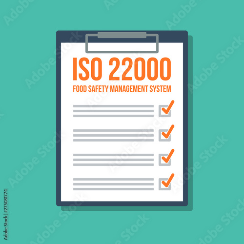 food safety management system checklist in clipboard, flat vector illustration