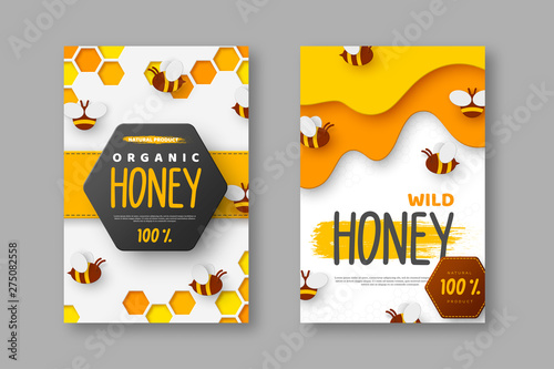 Paper cut style posters with bee and honeycomb. Typographic design for beekeeping and honey product. Vector illustration.