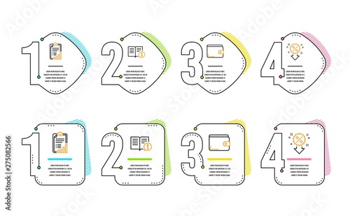 Facts, Checklist and Money wallet icons simple set. Discount sign. Important information, Graph report, Payment method. Sale shopping. Infographic timeline. Line facts icon. 4 options or steps. Vector