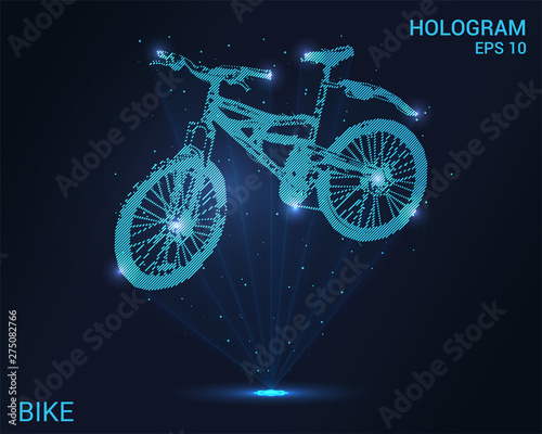 The hologram of bike. Holographic projection of the Bicycle. Flickering energy flux of particles.
