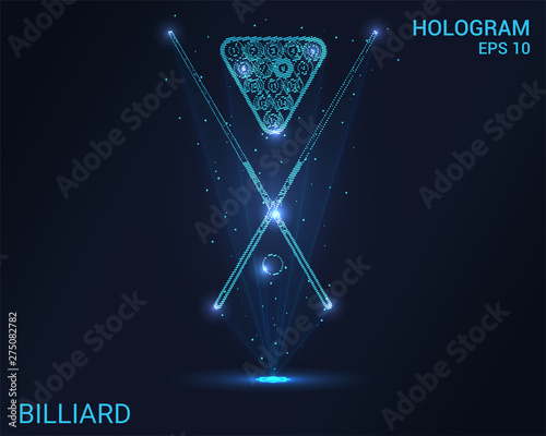 Hologram Billiards. A holographic projection of the billiard balls and cue. Flickering energy flux of particles. Scientific sports design.