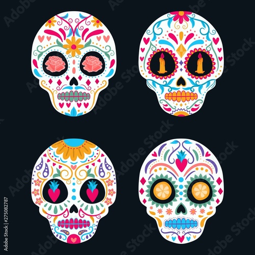 Set of colorful sugar skull isolated. Day of the dead, Dia de Los Muertos, banner/poster with colorful Mexican flowers,skull, candle. Fiesta, holiday poster, party flyer, funny greeting card, template