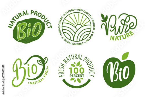 Organic food vector, logotypes with biological meal foliage and leaves decoration of logotypes and labels, flora and sunshine. Pure natural supplies