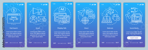 Marketing channels blue gradient onboarding mobile app page screen vector template. Ways of customer attraction walkthrough website steps with illustrations. UX, UI, GUI smartphone interface concept