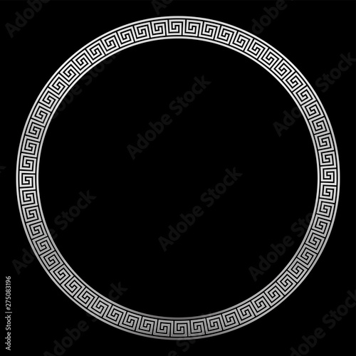 Round silver frame, ancient pattern, silver meander design with seamless greek pattern,  decorative border, constructed from continuous lines, shaped into a repeated motif. White background.
