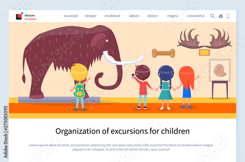 Museum excursion for children vector, kids looking at big furry mammoth with tusks. Horns of animals and pictures on wall, school activities. Website or webpage template, landing page flat style