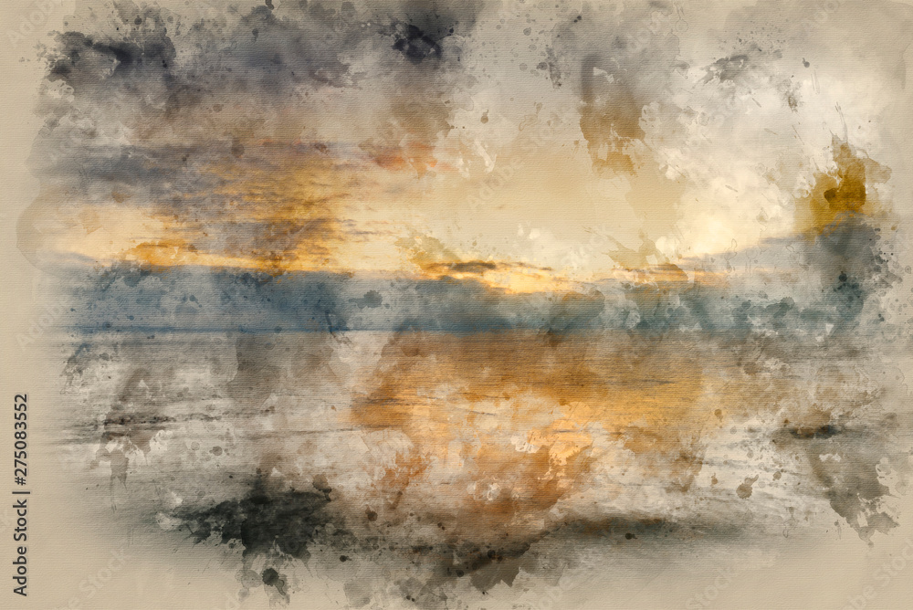 Digital watercolor painting of Beautiful vibrant sunrise landscape over calm sea