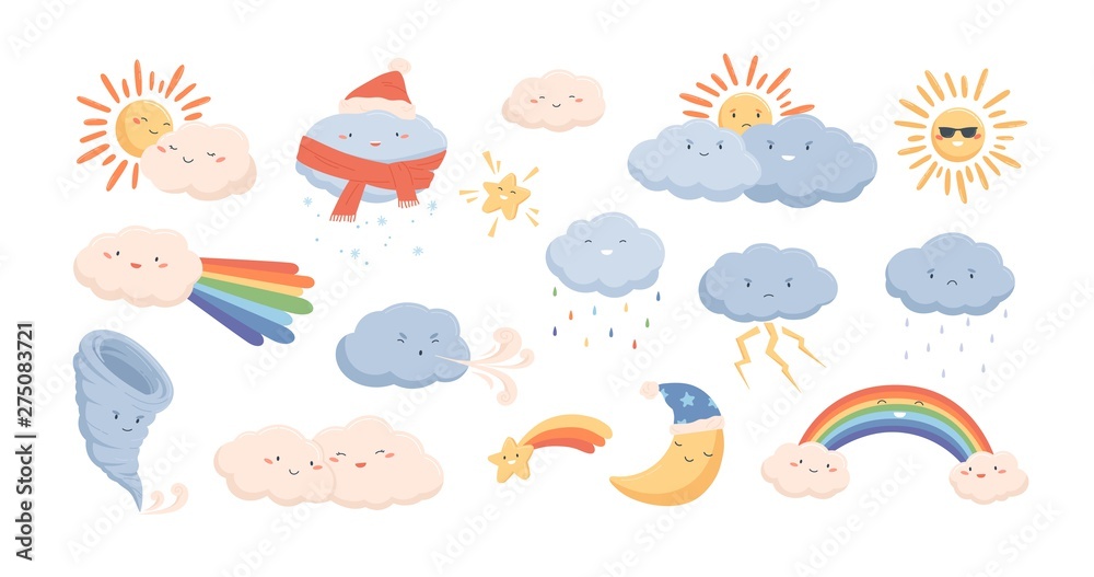 Cute weather phenomena - clouds, wind, rainbow, thunderstorm, tornado, snow, rain, sun and crescent moon. Adorable cartoon characters isolated on white background. Childish vector illustration.