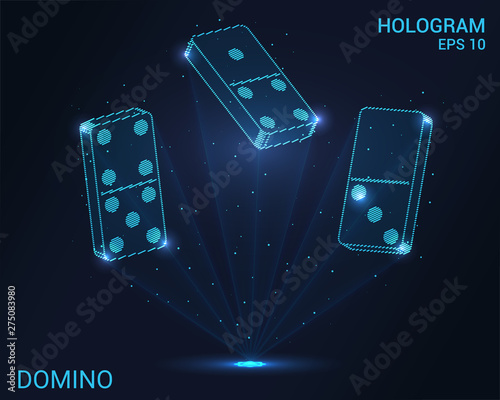Domino hologram. Holographic projection of dominoes. Flickering energy flux of particles. Scientific sports design.