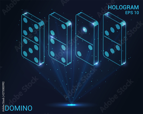 Domino hologram. Domino stands in a row. Flickering energy flux of particles. Scientific design of Board games.